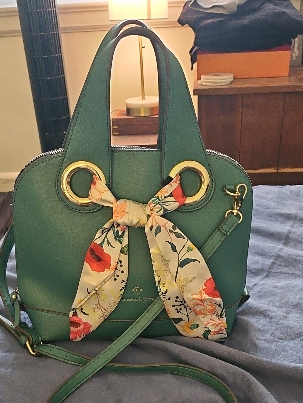 Nanette Lepore Green Handbag with Floral Scarf Accent